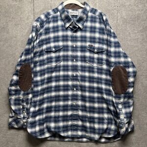 Barbour Shirt Men's XL Blue Plaid Long Sleeve Button Up Brown Elbow Patches‎
